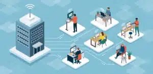 a group of people working at computers