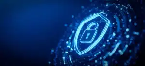 a blue glowing logo with a padlock on it
